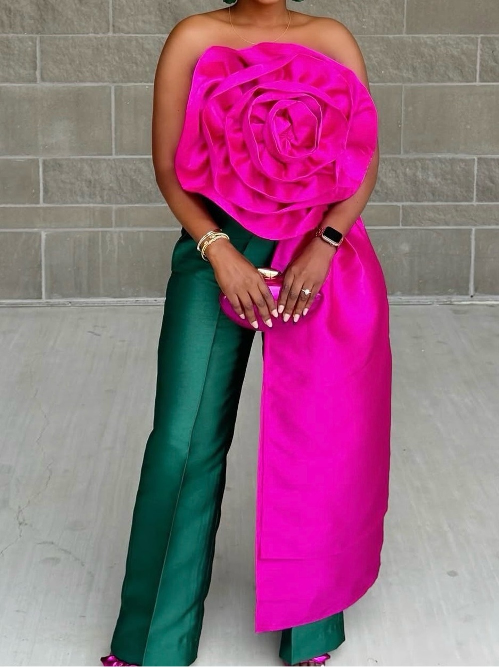 Strapless Rose-Detail Jumpsuit Pants in Fuchsia and Emerald
